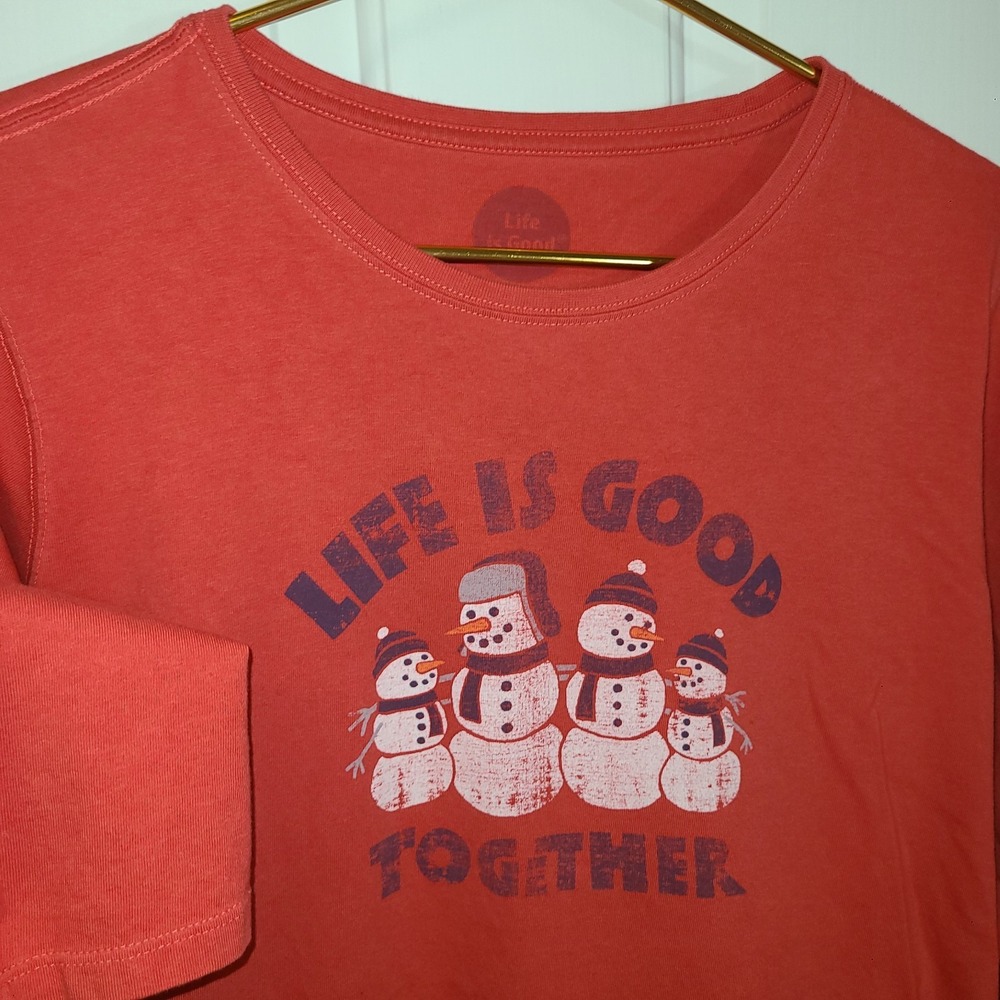 Life Is Good Shirt Womens Lg Red Snowman Together Christmas Winter Crusher Tee